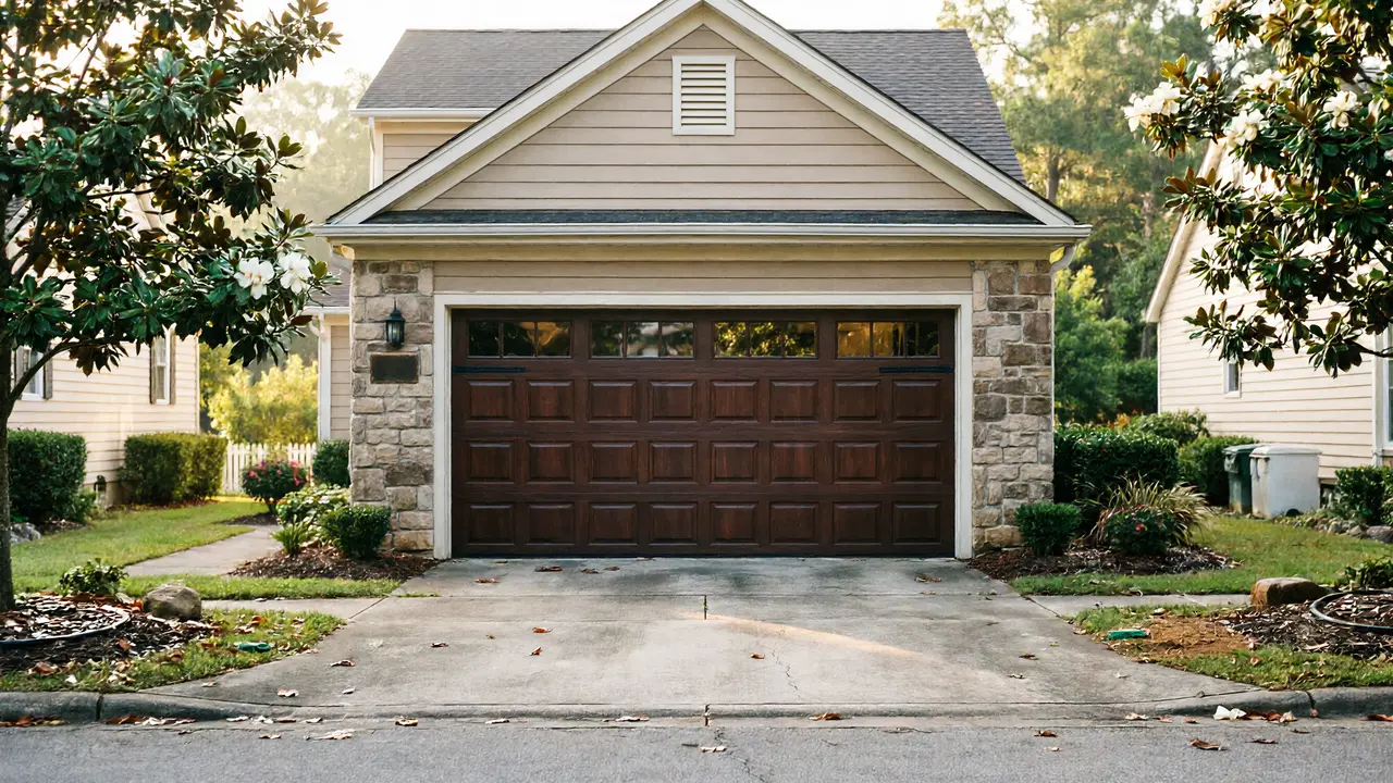 A brown garage door with windows is on a house with stone siding.
