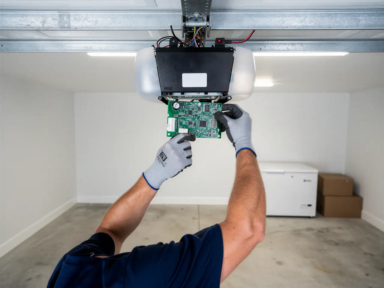 A technician wearing gloves holds a circuit board near a garage door opener.